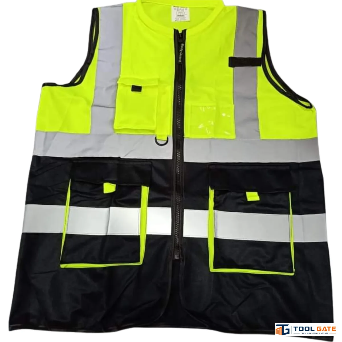 فيست مهندسين ومشرفين بودي جارد ليموني وأسود بياقة مع 4 أشرطة عاكسة وجيوب متعددة Body Guard Safety Vest