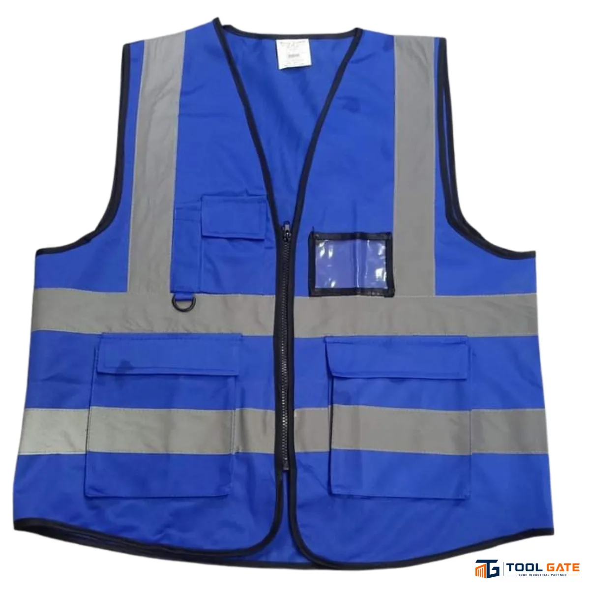 فيست للمشرفين بودي جارد أزرق ملكي مع 4 أشرطة عاكسة وجيوب متعددة وحلقة D-Ring Body Guard Royal Blue Safety Vest