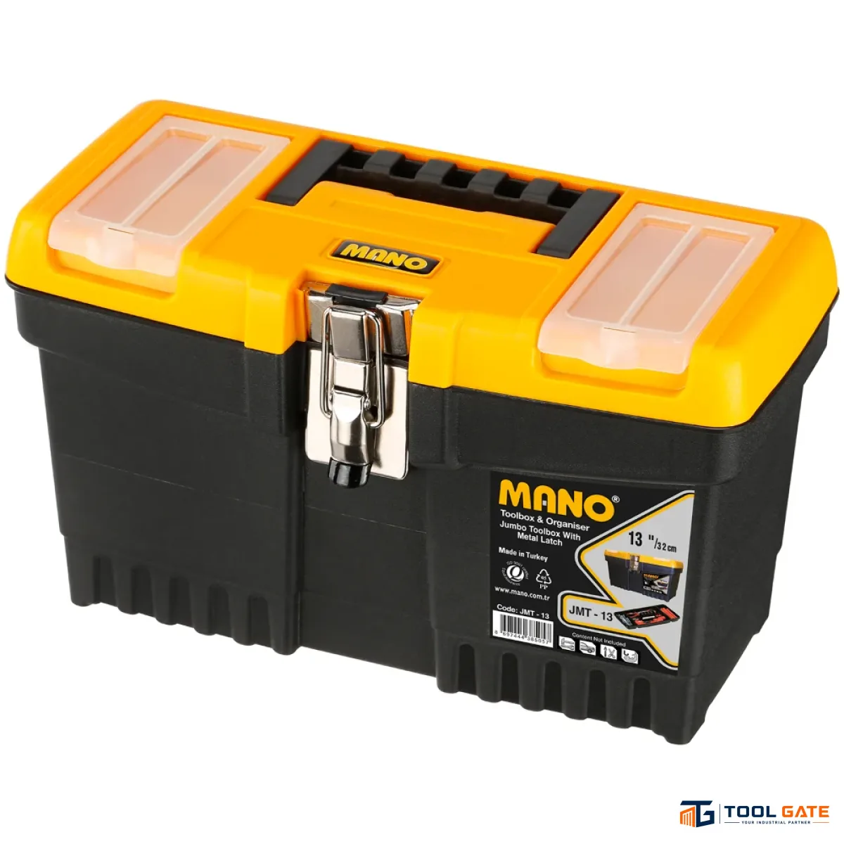 شنطة عدة بلاستيك جامبو بقفل معدن وحوافظ علوية 13 بوصة – الأبعاد: 187×155×320 مم ماركة مانو صناعة تركي – JMT-13