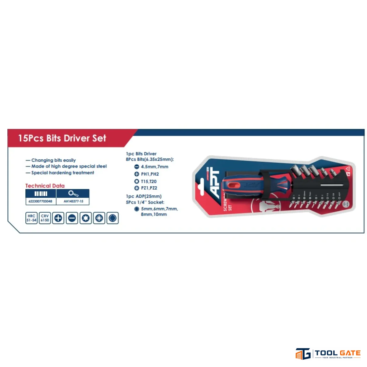 طقم مفك سنون   15 قطعة لقم  2 لون APT AH145377-15