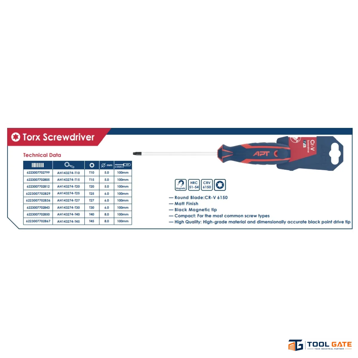 مفك نجمة 2 لون مقاس T50×100 مم APT AH143274-T50